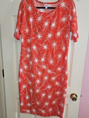 LuLaRoe Anna Coral-Red Midi Dress with White Starburst Print
